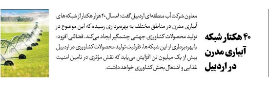 ۴۰ هکتار شبکه آبیاری مدرن در اردبیل